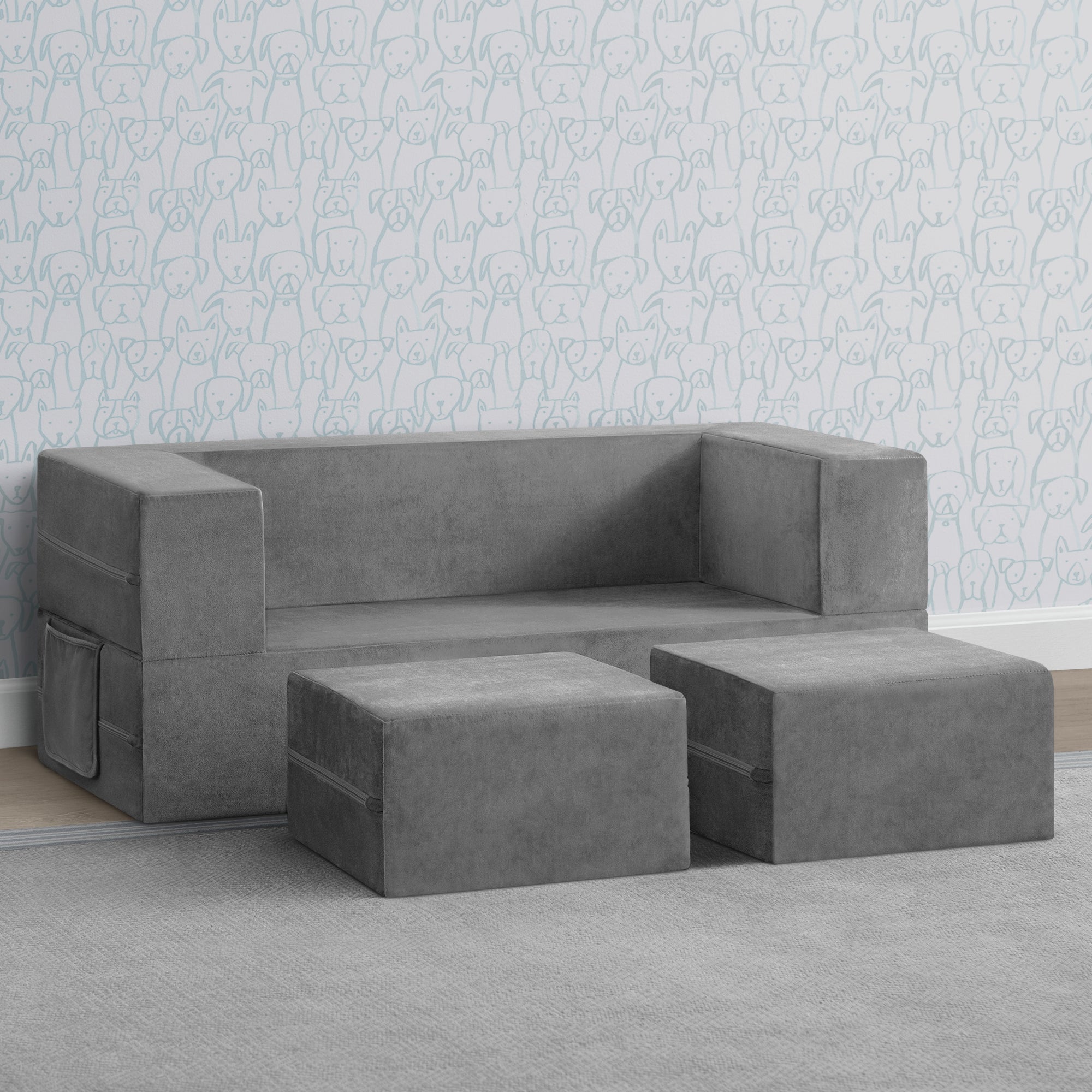 Convertible Sofa and Play Set for Kids and Toddlers Modular Foam Couch and Flip Out Lounger with 2 Ottomans