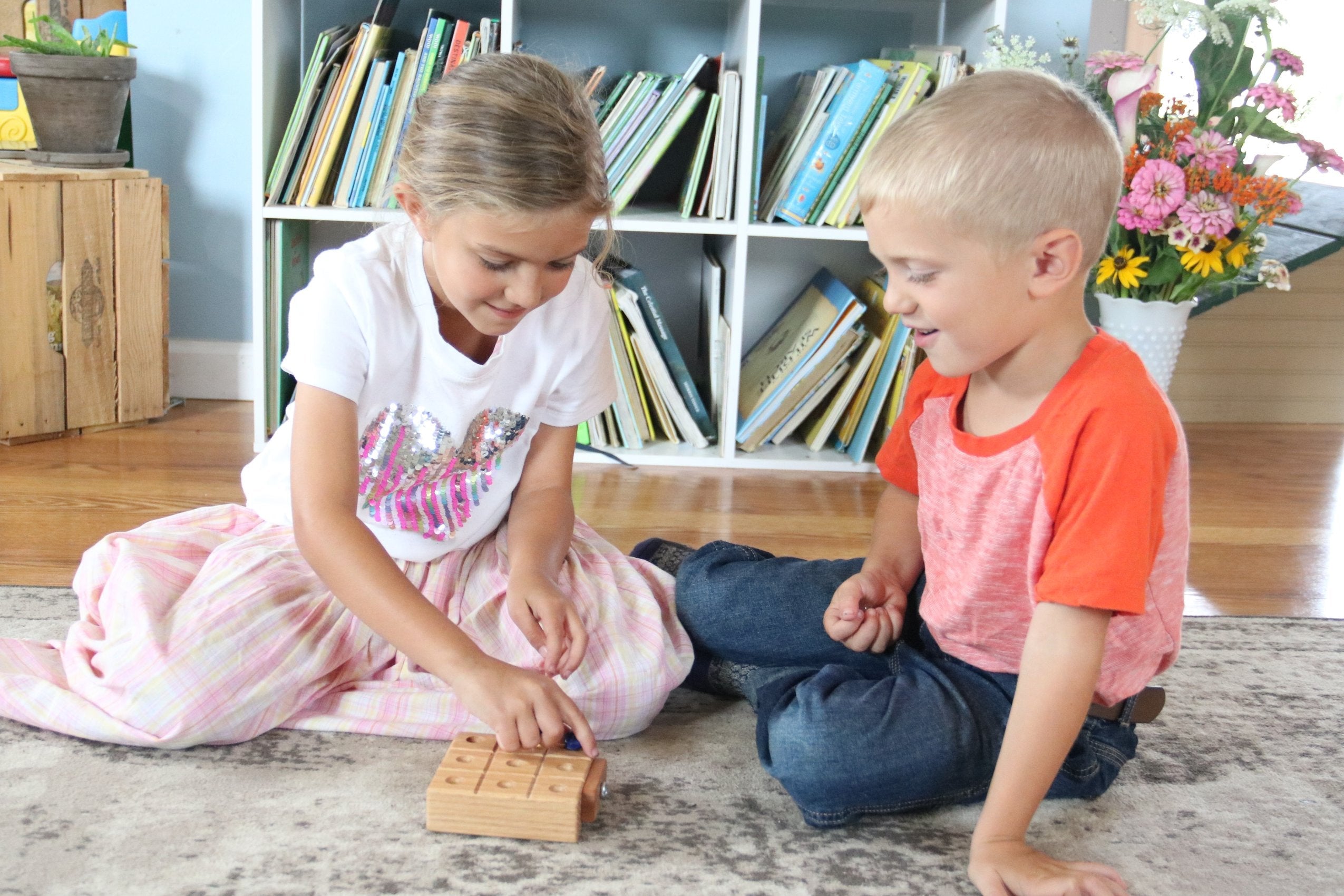 Wooden Marble Tic Tac Toe Game with Built-in Storage for Marbles